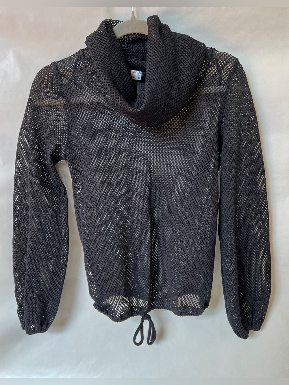 Vintage Black Mesh Net Cowl Neck Cinch Hem Long Sleeve Top Small Y2K Rave Top